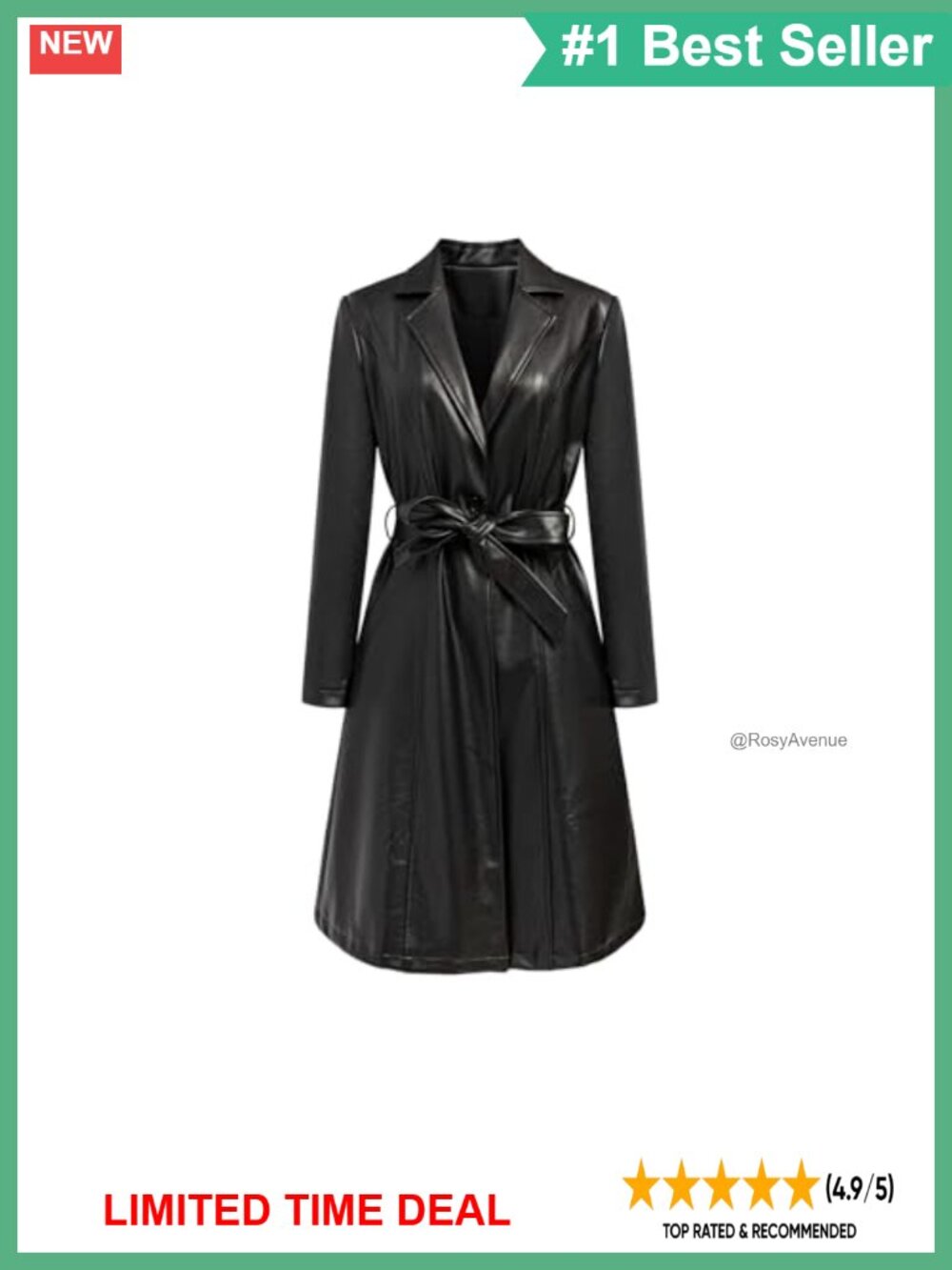 Faux PU Leather Trench Coat Long Sleeve Belted Biker Overcoat